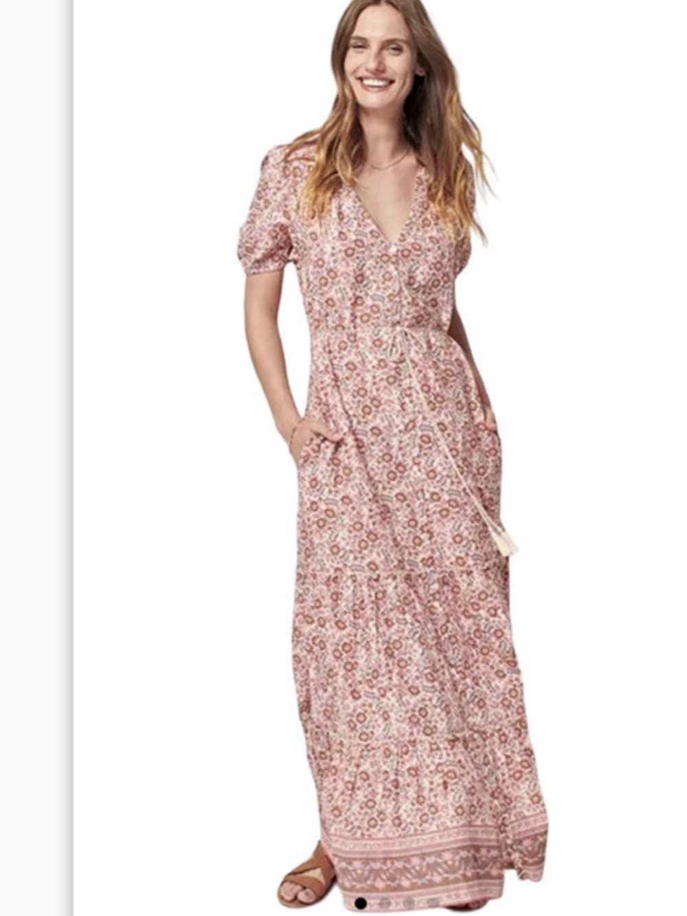 Faherty Orinda Earth Block Floral Print Maxi Dress Flowy Short Sleeve Sz Medium